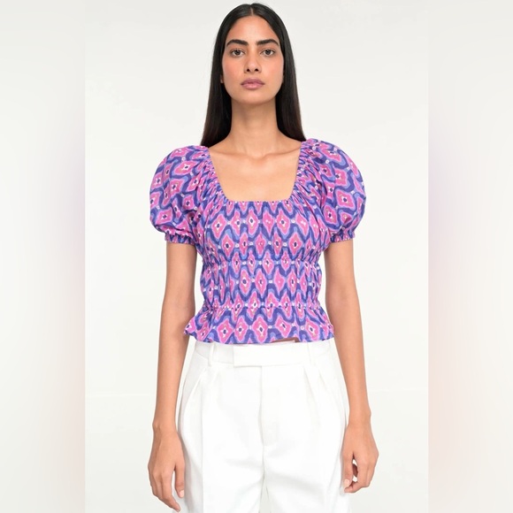 NWT‎ Banjanan Halo Cotton Top Blouse Abstract Print Smocked Puff Sleeve Purple M